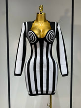 WomenLuxury Sexy Long Sleeve Stripe Black White Mini Bandage Dress 2025 Knitted Celebrity Elegant Evening Club Birthday Dresses